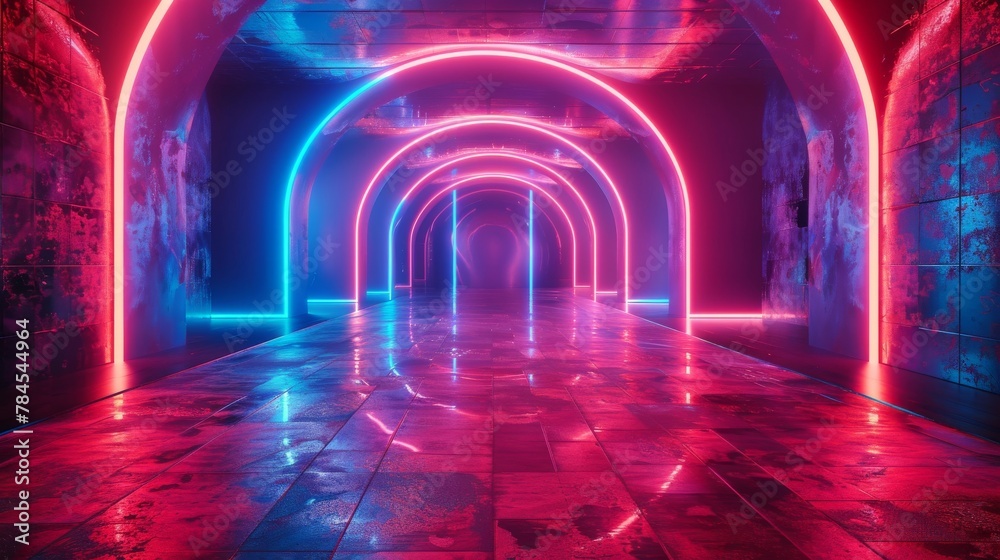 3D rendering of futuristic sci-fi empty stage illuminated by neon light and abstract background.