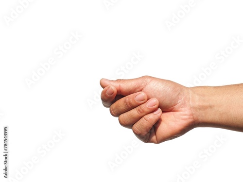 Man's hands are making a gesture of holding a card or business card, some kind of document, ID card or passport. Isolated on a white background.	