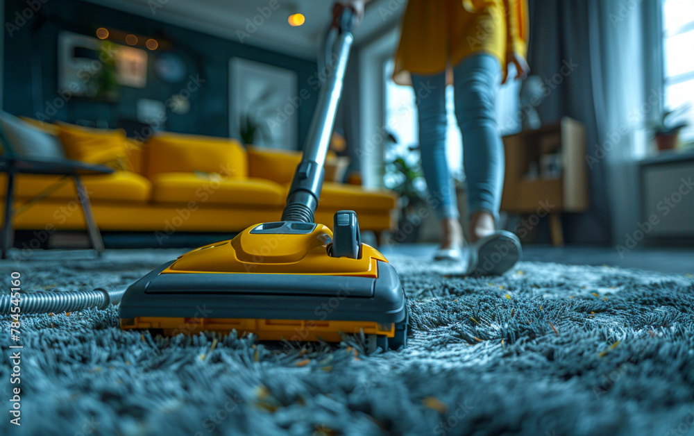 Young woman using vacuum cleaner while cleaning carpet in the living room at home