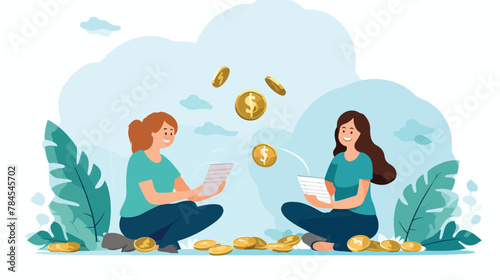 Two girls sitting together and counting money. Cash