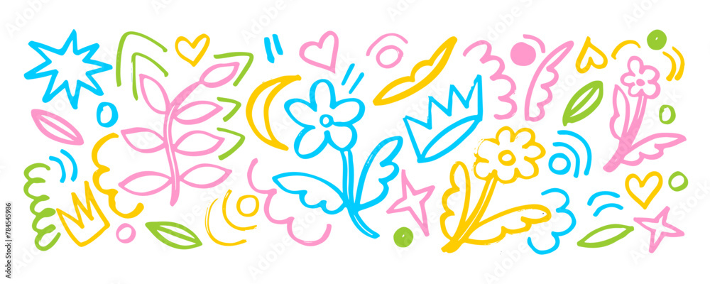 Set element design painted brush flowers, crowns,  hearts, stars and speckles. Hand drawn childish doodle .