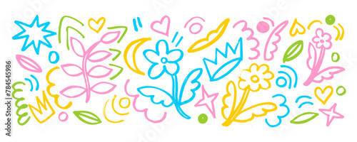 Set element design painted brush flowers  crowns   hearts  stars and speckles. Hand drawn childish doodle .