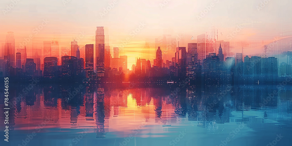 abstract business modern background with cityscape double exposure.