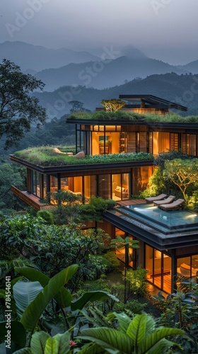 Wellness and spa retreats utilizing sustainable materials and green roofs for holistic healing, in soft background photo