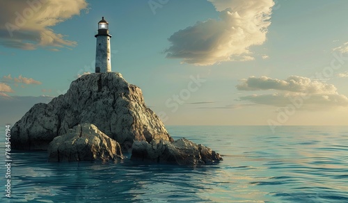 Serene seascape with lighthouse on cliff at sunset