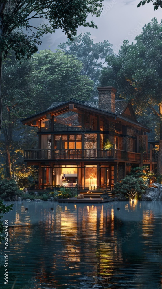 Fototapeta premium Large house overlooking lake by forest