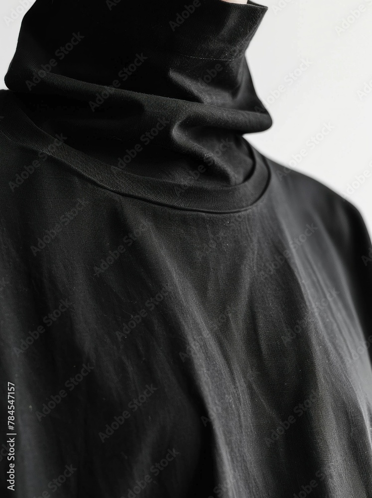 Closeup of stylish woman in black turtleneck tshirt posing for camera studio shot portrait