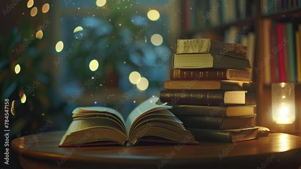 stack of books with the library in the background. World Book Day.