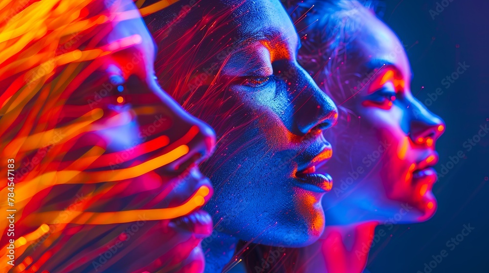 Vibrant neon light portrait of young adults in futuristic setting Vibrant neon light portrait of young adults in futuristic setting