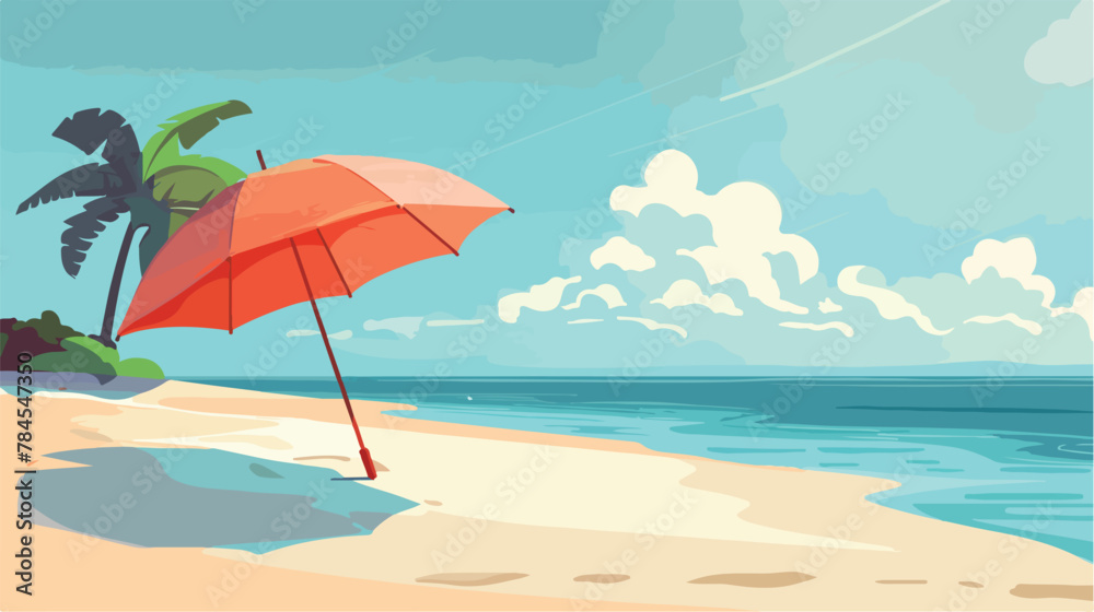 Umbrella on the sandy island 2d flat cartoon vactor - obrazy, fototapety, plakaty 