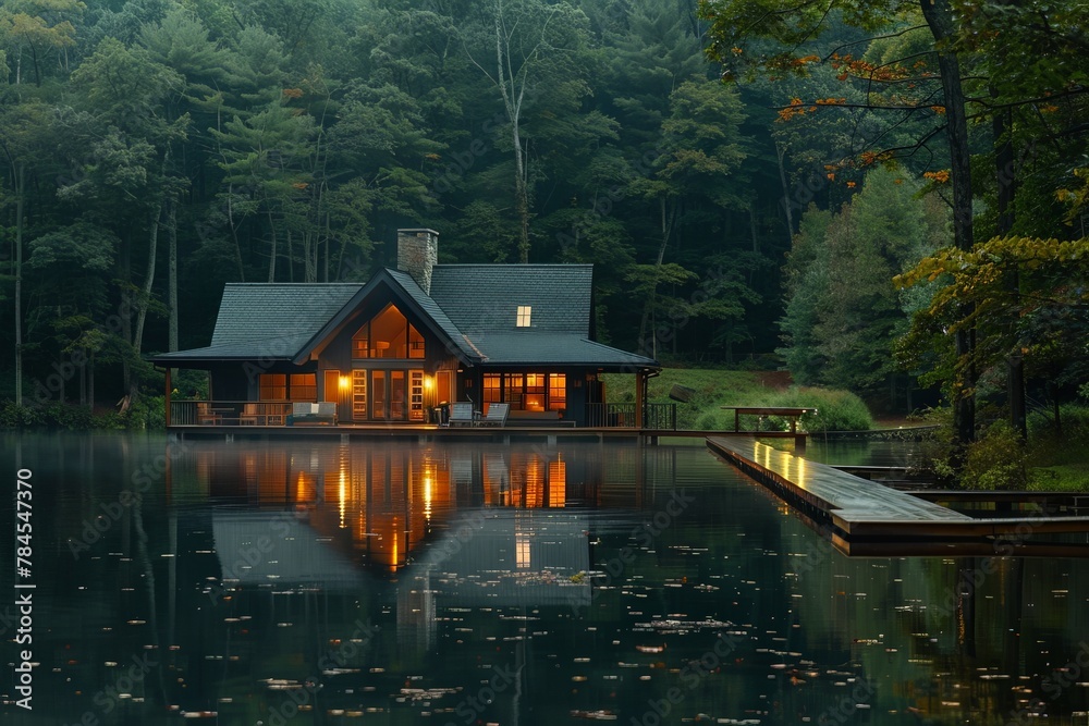 Fototapeta premium House overlooking lake by forest