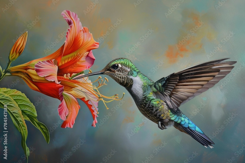 Fototapeta premium Vibrant painting featuring a hummingbird feeding on a flower against a lush green and pink background
