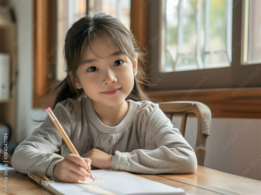 Asian pretty girl sitting at a desk holding a pencil, Asian pretty girl sitting at a desk holding a pencil,
