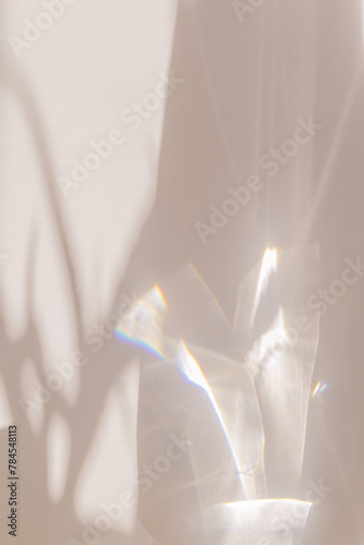 Sunlight background, abstract backdrop with light and shadow, glare and shine on paper texture, rainbow flare, beige color trend aesthetic wallpaper. Natural beams light, caustics effect