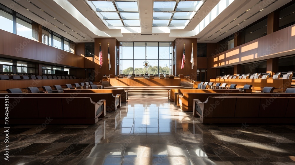 A Realistic and Detailed Interior of a Courtroom A Realistic and Detailed Interior of a Courtroom