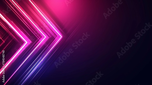Dark neon abstract background with glowing arrow lines. Modern shiny neon geometric lines design. Technology futuristic concept. Horizontal banner template photo
