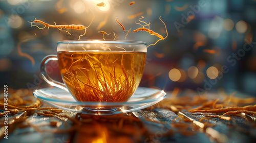 cup of tea in a glass cup with ginseng roots flying above the tea, herbal or apoptogenic tea for health boost and stress relief futuristic style photo