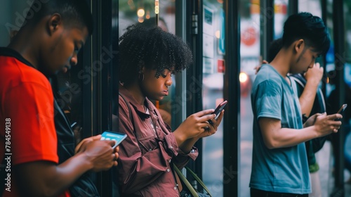 A group of people by an event, sharing fun moments while looking at their phones