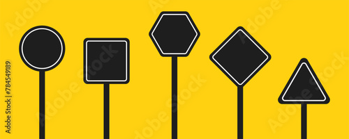 Set of round, square, rhombic, triangular and hexagonal black road signs. Vector illustration of icons for warning about the situation on the road. Yellow isolated background.