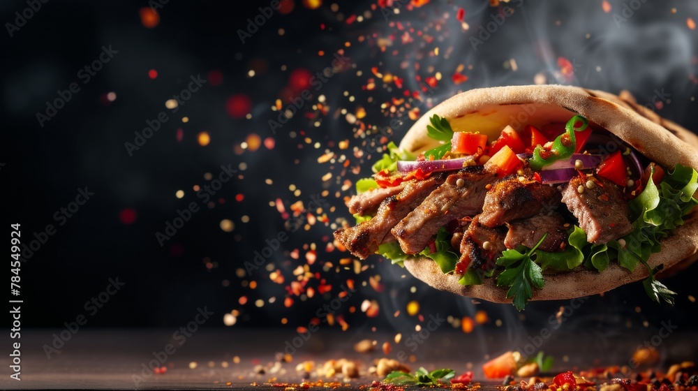 Fresh grilled beef turkish or chicken arabic shawarma doner sandwich with flying ingredients and spices hot ready to serve and eat food commercial advertisement menu banner with copy space area - obrazy, fototapety, plakaty 