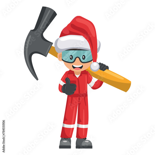 Industrial mechanic worker with Santa Claus hat carrying a giant hammer. Merry christmas. Supervisor with personal protective equipment. Industrial safety and occupational health at work