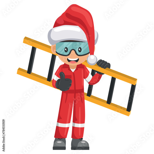 Industrial mechanic worker with Santa Claus hat carrying a ladder with thumb up. Supervisor with personal protective equipment. Merry christmas. Industrial safety and occupational health at work