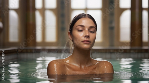 Beautiful young woman relaxing in the indoor thermal bath 