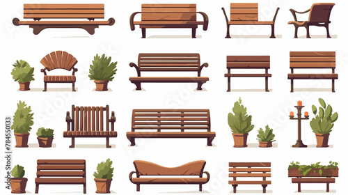 Various wooden garden and city benches flat set for © zoni
