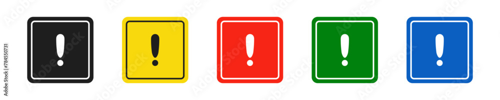 Set of square black, yellow, red, green and blue road signs with exclamation point. Caution sign. Vector icons for warning about the situation on the road. Isolated background Set of square black, yellow, red, green and blue road signs with exclamation point. Caution sign. Vector icons for warning about the situation on the road. Isolated background