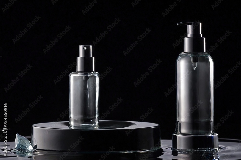 Product packaging mockup photo of skincare cosmetic glass bottle packaging on splash and ripple water in black background. beauty product bottle mockup., studio advertising photoshoot