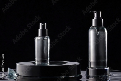 Product packaging mockup photo of skincare cosmetic glass bottle packaging on splash and ripple water in black background. beauty product bottle mockup.  studio advertising photoshoot