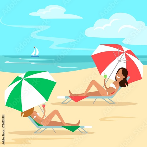 Flat Two Girls Lying Deckchair Umbrella Drinking Cocktails Sea Beach Nature