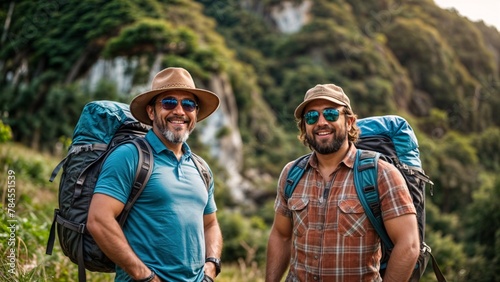 two guys hiking in the bush with backpacks hat and sunglasses