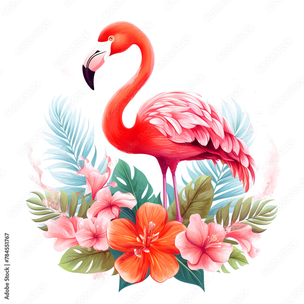 Fototapeta premium Illustration of pink flamingo with tropical leaves and flowers on white background. Exotic bird. Summer concept. As design element, print, poster. 
