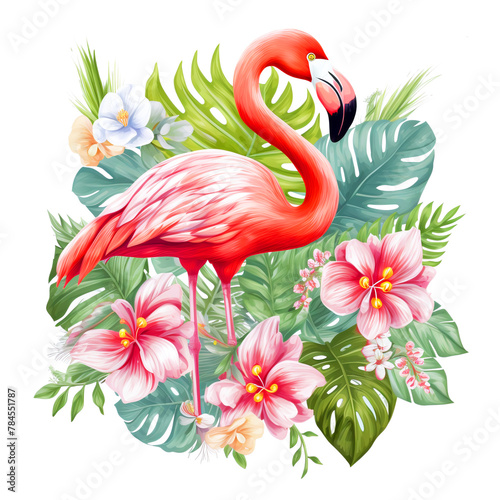 pink flamingo is surrounded by tropical plants and flowers Flat illustration summer design