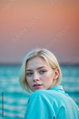 Beautiful young woman on the background of the sea