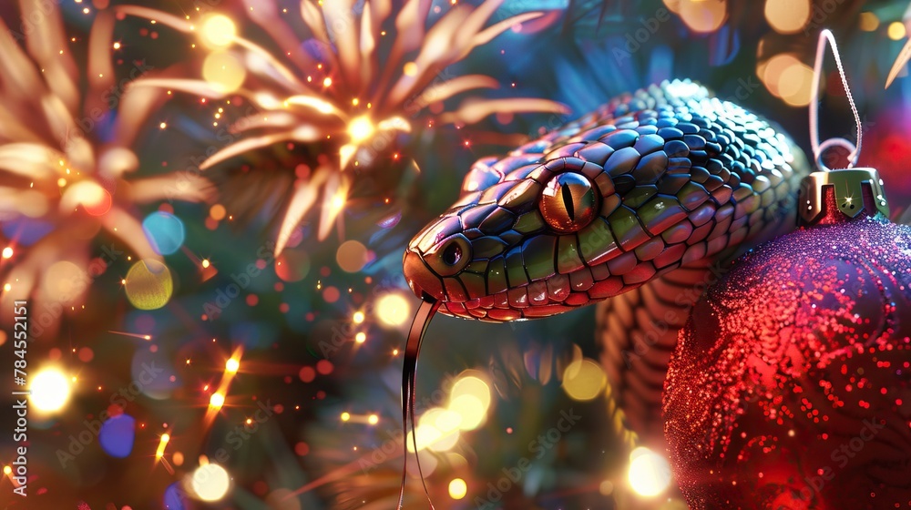 A snake slithers around a festive Christmas ornament with fireworks in the background