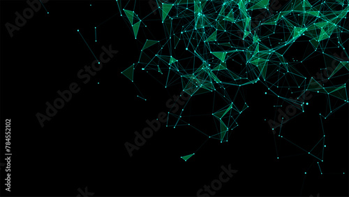 Green abstract background with connection lines, dots and triangles. Technology network connection. Digital structure of particles. Vector illustration.