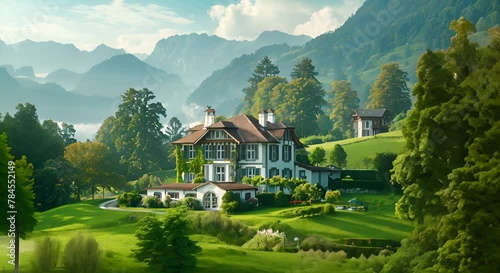 Isolated white house in a lush green landscape of Switzerland, Rural hotel in the middle of the countryside photo