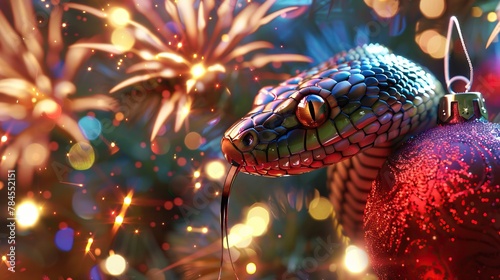 A snake slithers around a festive Christmas ornament with fireworks in the background