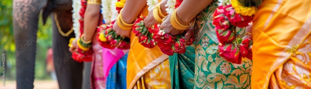 Thai cultural festivity vertical image of women in colorful attire and jasmine garlands