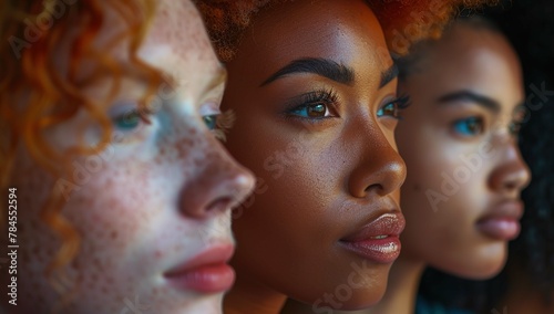 Multicultural portrait of young women with distinct skin tones and freckles, symbolizing empowerment and modern beauty standards