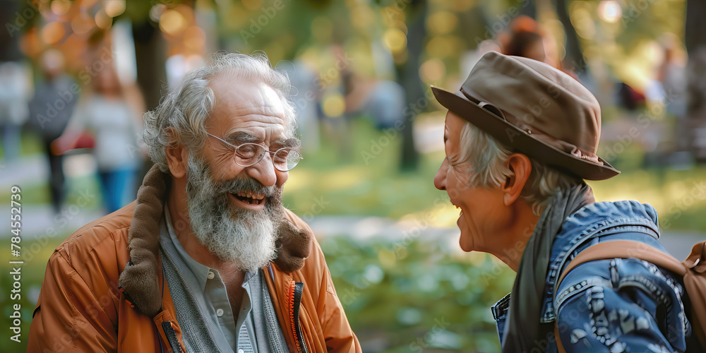 Joyful Encounter: Two Strangers Meeting in a Park, Sharing Laughter and Stories