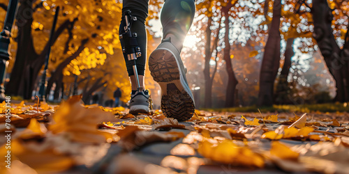 Person missing one leg enjoyig nature in the park. Disability. Amputee. photo