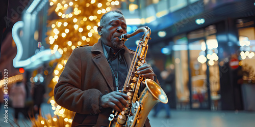 Man playing saxophone in city square. Jazz music in the streets