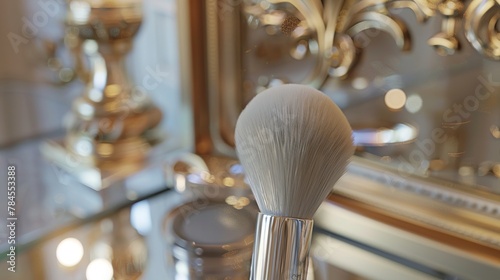  Close-up on a powder brush poised above a compact photo