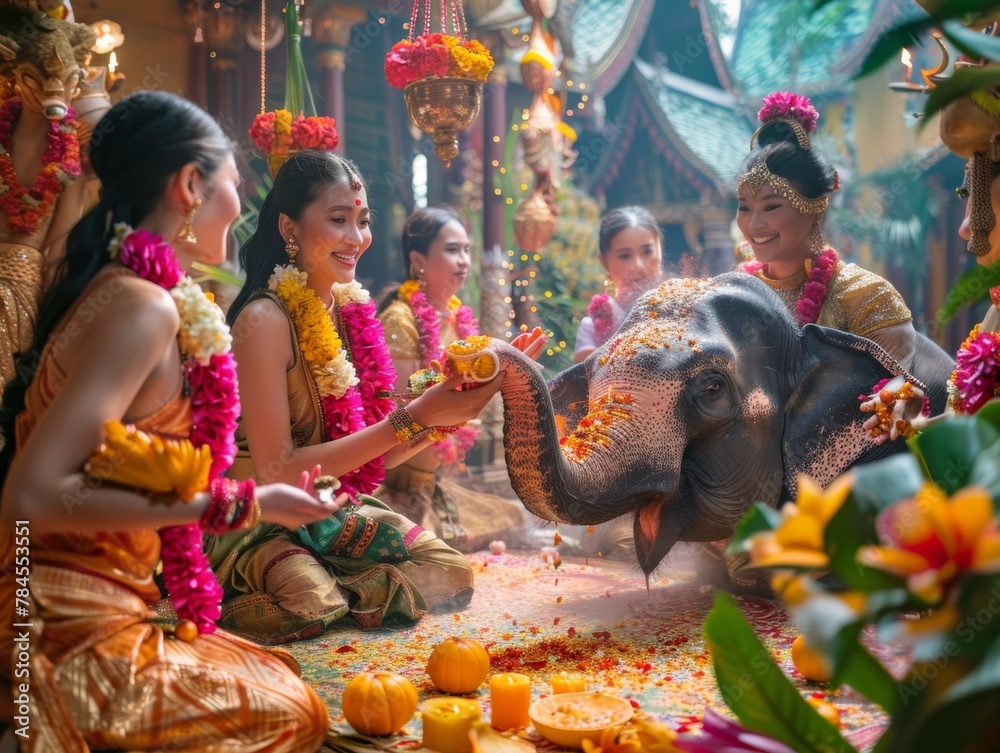 Thai New Year joy vertical scene of women in festive attire with garlands