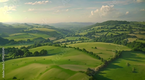 Aerial clip of rolling countryside near Cadbury Castle, Devon, England photo
