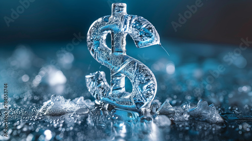 An icy dollar sign amidst frost and melting ice crystals captures the notion of frozen assets or a financial liquidity crunch. © NaphakStudio