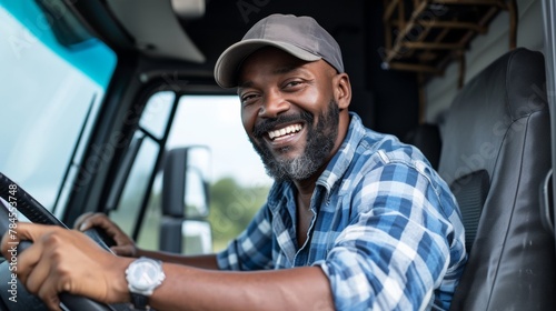 Happy black professional driver getting out of his truck and looking at camera